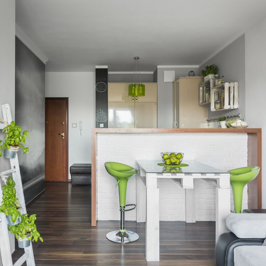 small apartment featuring white and shades of green