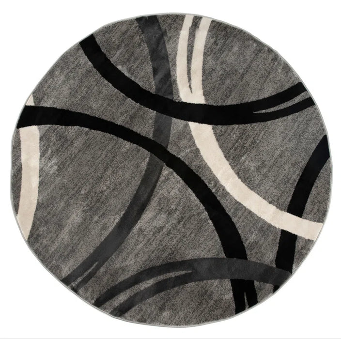 Devonshire Abstract Gray/Black/Ivory Area Rug in a round design with black and ivory intersecting curved lines in an abstract pattern.