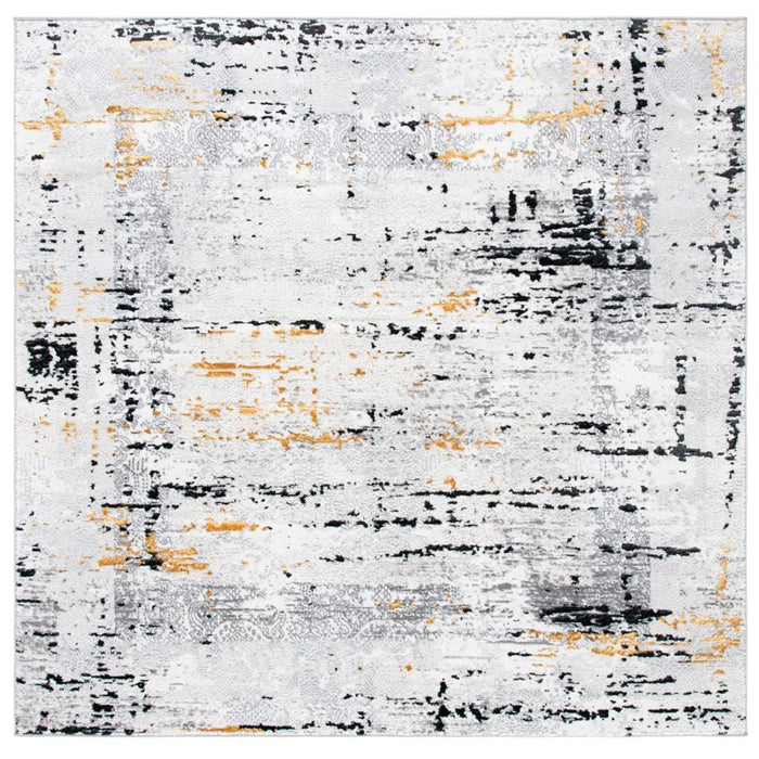 The Acosta Rug is a rectangular area rug featuring an abstract design in distressed white, gray, black, and yellow colors.