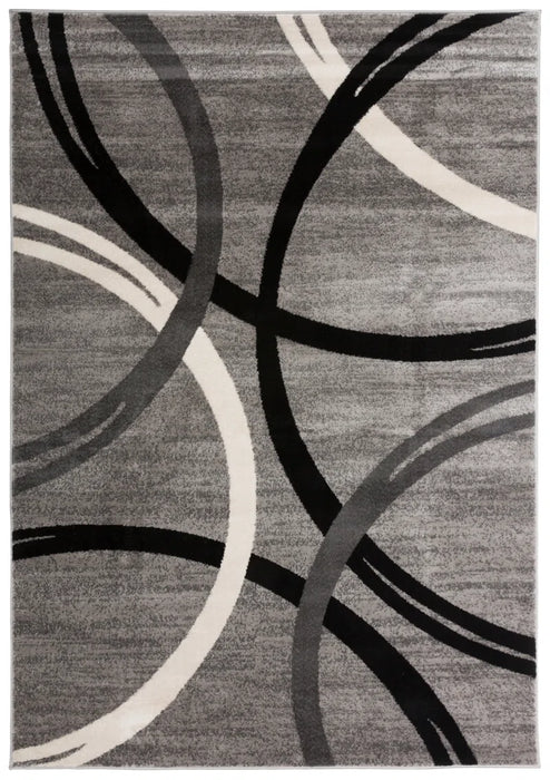 A Devonshire Abstract Gray/Black/Ivory Area Rug featuring a modern design with overlapping rings in black, charcoal, and ivory.