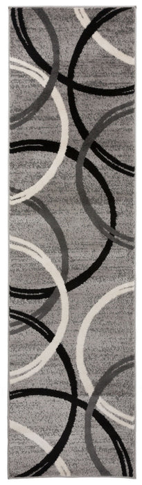 The Devonshire Abstract Gray/Black/Ivory Area Rug features a gray rectangular design with overlapping circular patterns in black, ivory, and dark gray.