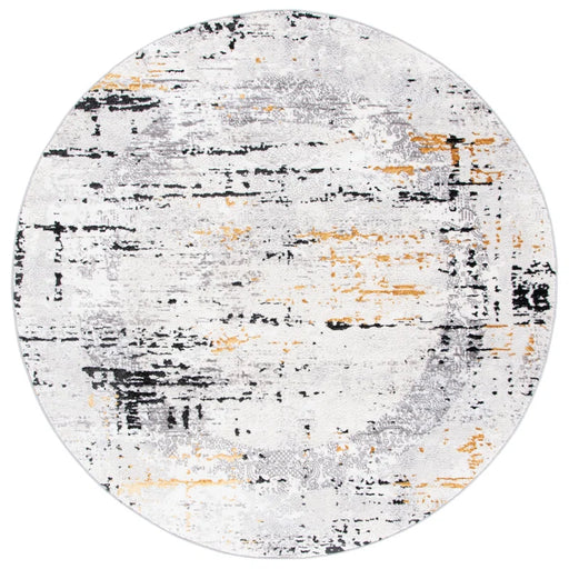 Acosta Rug: A round rug featuring a distressed, abstract pattern in shades of gray, black, and golden-yellow on a light background.
