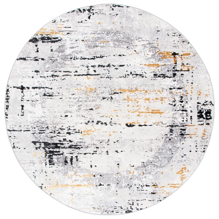 Acosta Rug: A round rug featuring a distressed, abstract pattern in shades of gray, black, and golden-yellow on a light background.