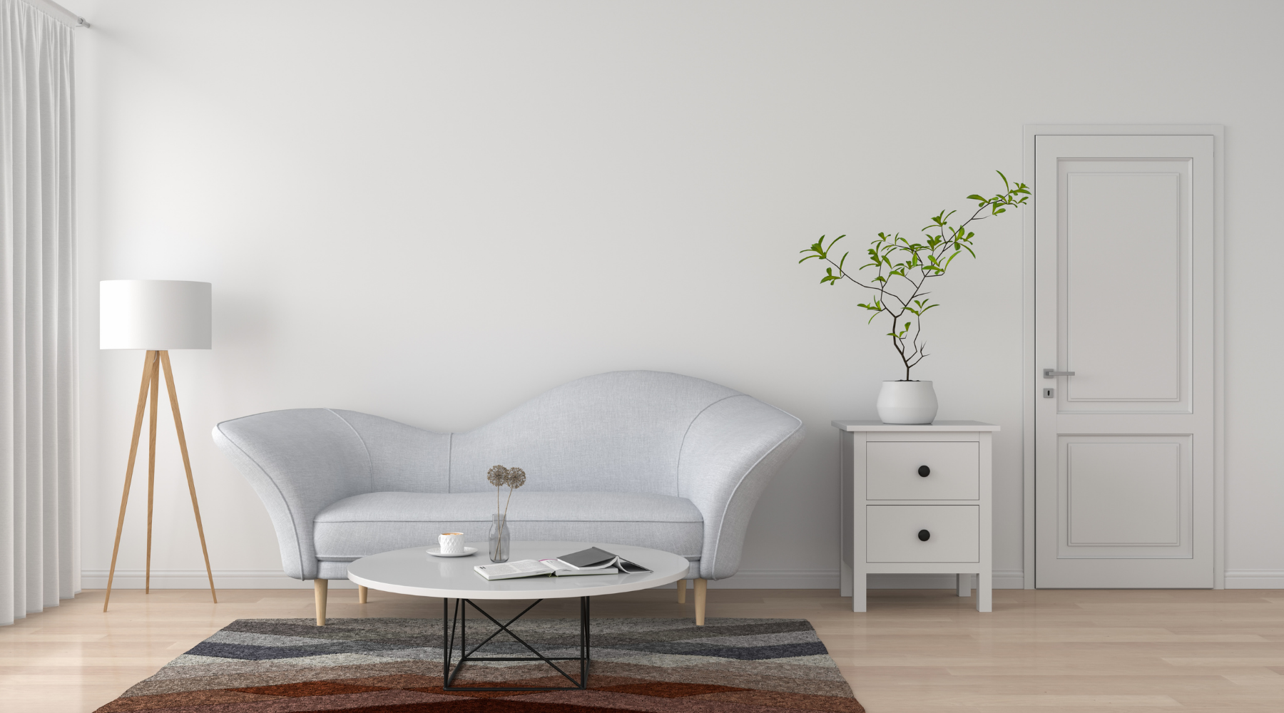 white room with bright brown wooden flooring with a white lamp white sofa white side drawer with a plant on top of it white coffee table and a decorative area rug beneath it and text that says here's to new beginnings