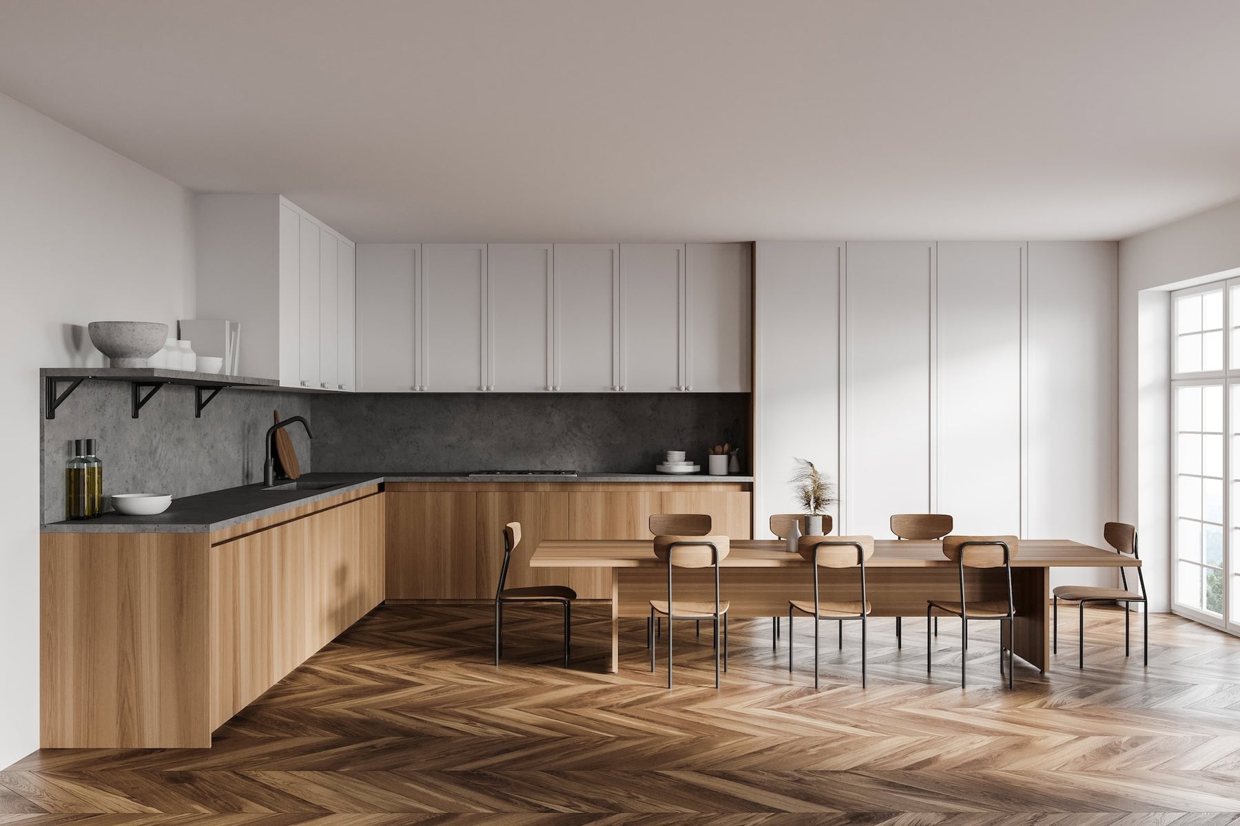 modern kitchen with wood cabinets and table