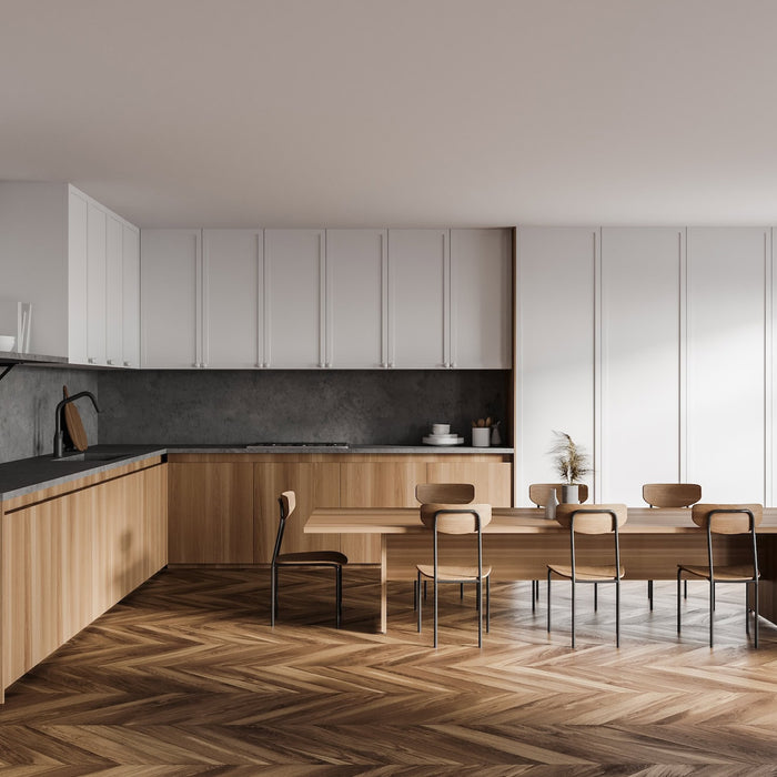 modern kitchen with wood cabinets and table