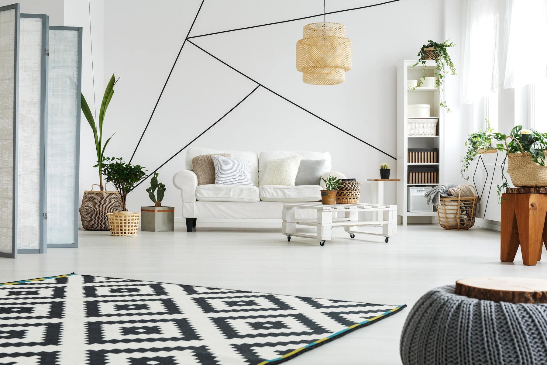 geometric area rug in modern living room