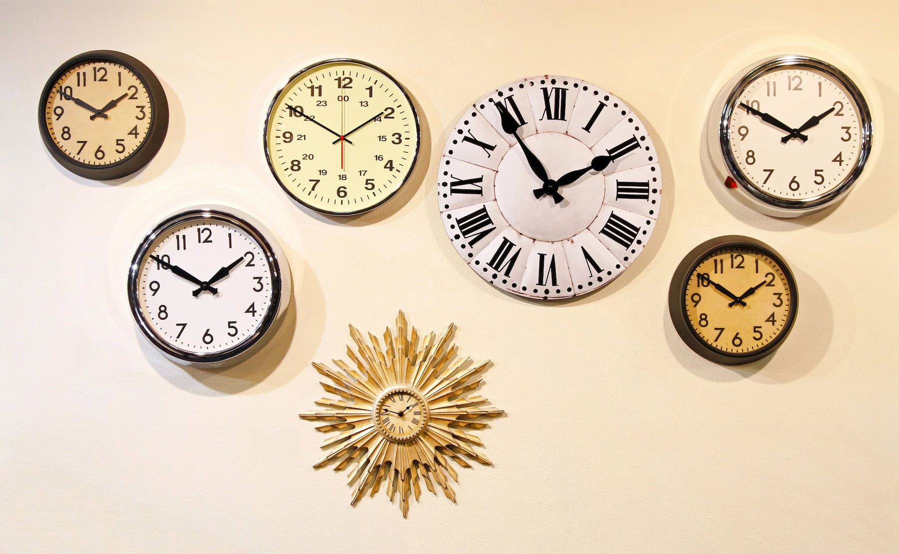 various types of retro clocks on wall