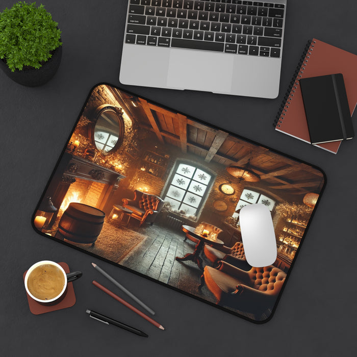 Beside a laptop, notebook, phone, and coffee lies a mousepad with a cozy room design: the Cozy Winter Speakeasy.