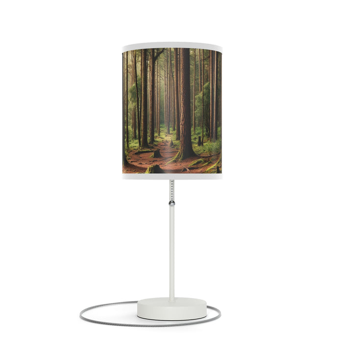 Wooded Forest Decorative Table Lamp has a forest-themed shade with tall trees and a path on a white background.