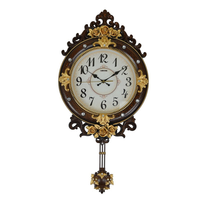 Decorative wall clock with intricate design on a white background
