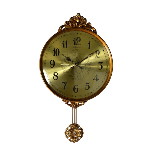Decorative gold wall clock with a pendulum on a white background