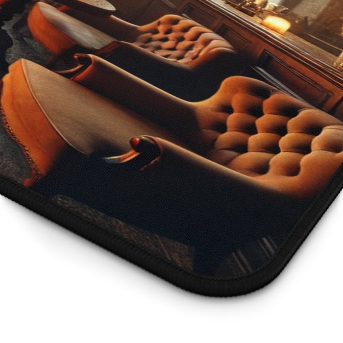 Cozy Winter Speakeasy Mousepad captures the elegance of brown leather armchairs and warm lamp lighting on wooden floors.