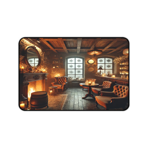 Cozy Winter Speakeasy Mousepad: vintage charm with plush chairs, a warm fireplace, wood beams, and decorative hanging lights.