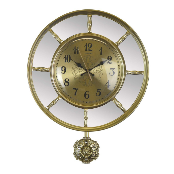 Gold wall clock with decorative pendulum on a white background