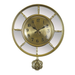 Gold wall clock with decorative pendulum on a white background