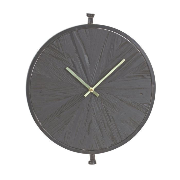 Round clock with dark face and gold hands on a white background