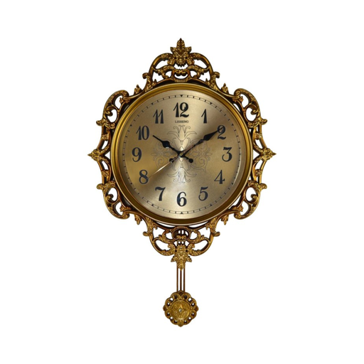 Decorative gold wall clock with intricate designs on a white background