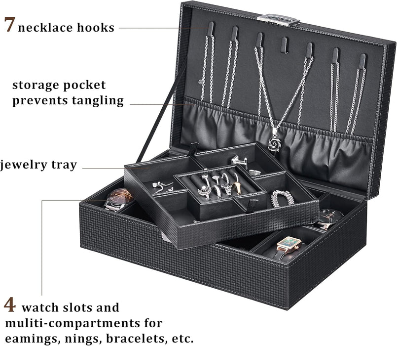 Modern Jewelry Organizer Case with Watch Display & Necklace Storage