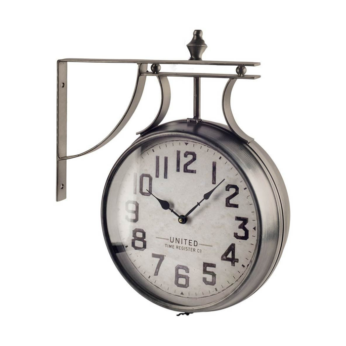 Double-sided clock with metal bracket on a white background