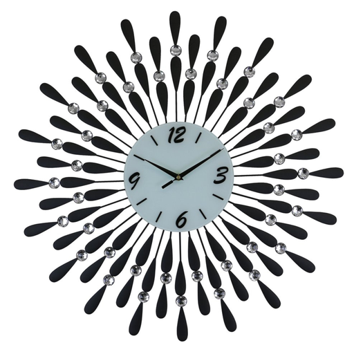 Decorative wall clock with black feather-like design and silver accents on a white background