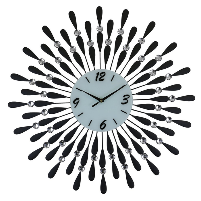 Decorative wall clock with black feather-like design and silver accents on a white background
