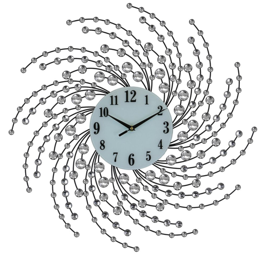 Decorative wall clock with a spiral design of beads on a white background