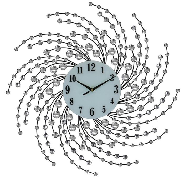 Decorative wall clock with a spiral design of beads on a white background