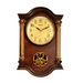 Wooden wall clock with gold face and decorative elements on a white background
