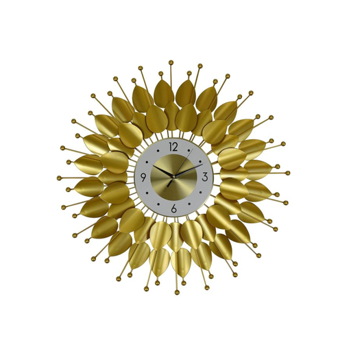 Decorative wall clock with gold leaf-like design on a white background