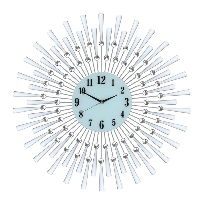 Decorative wall clock with sunburst design and white rays on a white background