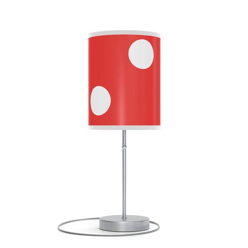 Red shaded "Decorative Mushroom Table Lamp" with two white circles, sleek silver base, and visible power cord.