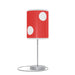 Decorative Mushroom Table Lamp: Red shade with white circles, silver base, and visible power cord.