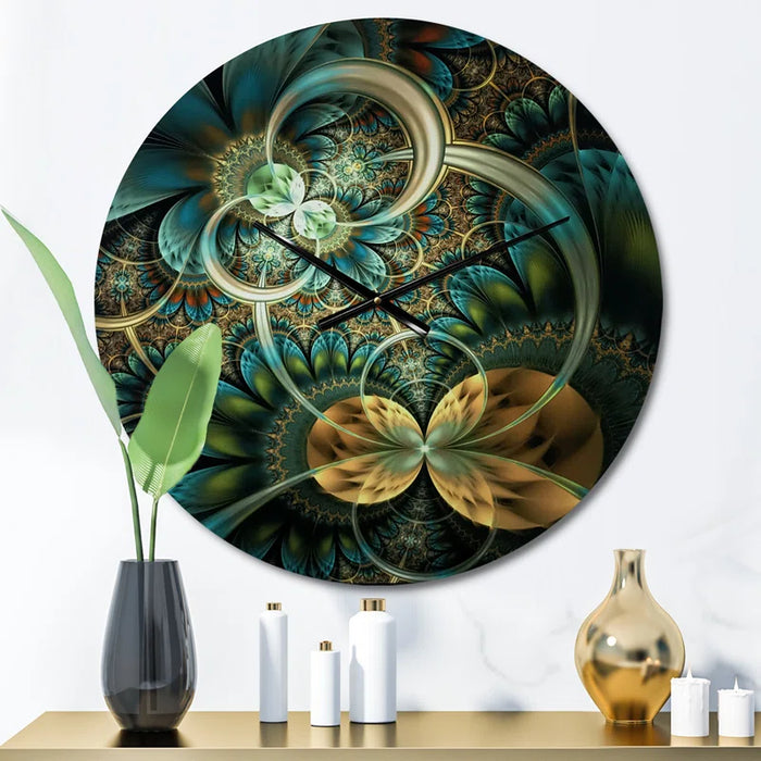 Symmetrical Blue Gold Fractal Flower - Modern Wall Clock