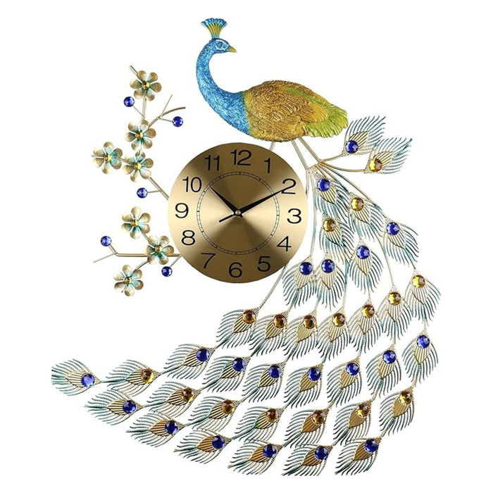 Decorative wall clock with peacock design on a white background