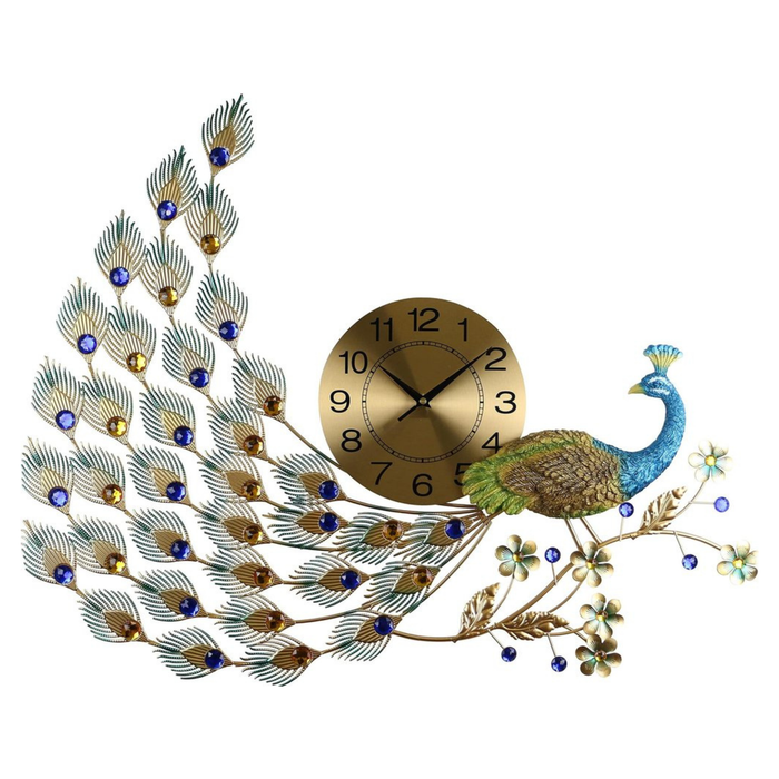 Decorative wall clock with peacock design on a white background