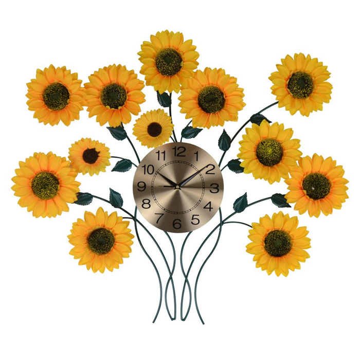Decorative wall clock with sunflower design on a white background