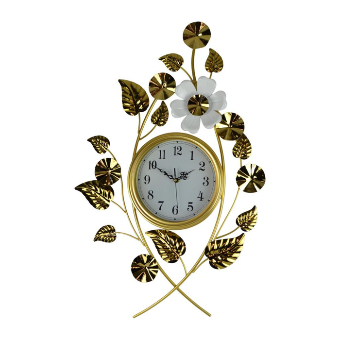 Decorative wall clock with floral design on a white background