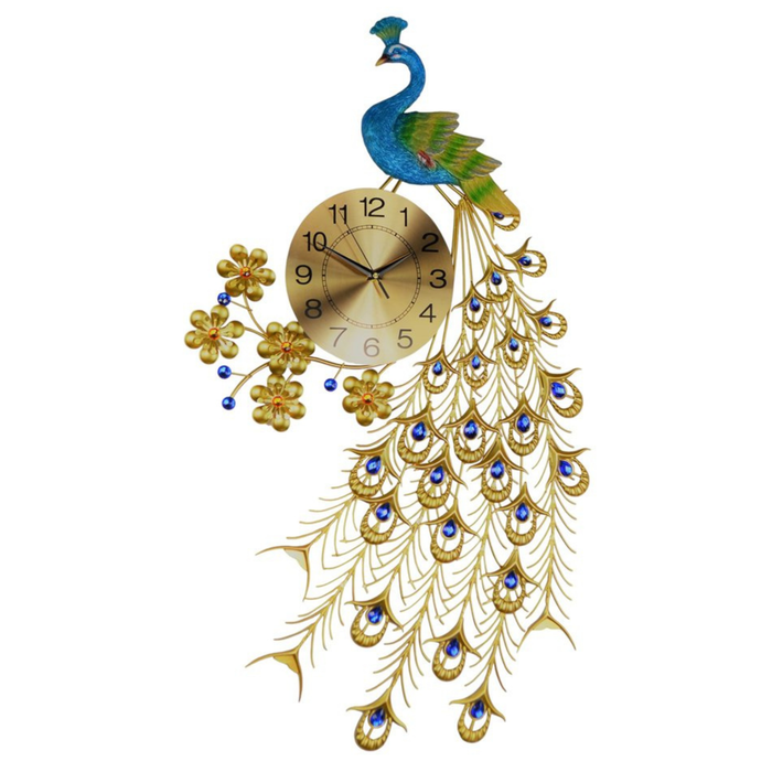 Decorative wall clock with peacock design on a white background