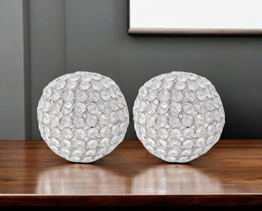 Set of Two Clear And Silver Faux Crystal And Steel Decorative Orb Tabletop Sculptures