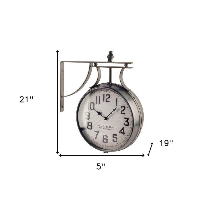 Vintage-style double-sided wall clock with dimensions on a white background