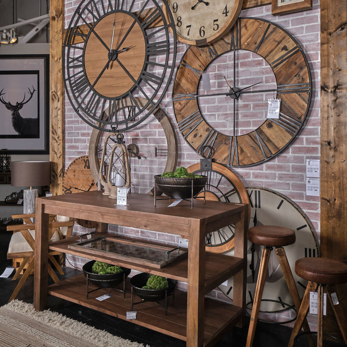 59" Black And Brown Metal and Solid Wood Skeleton Circle Wall Clock
