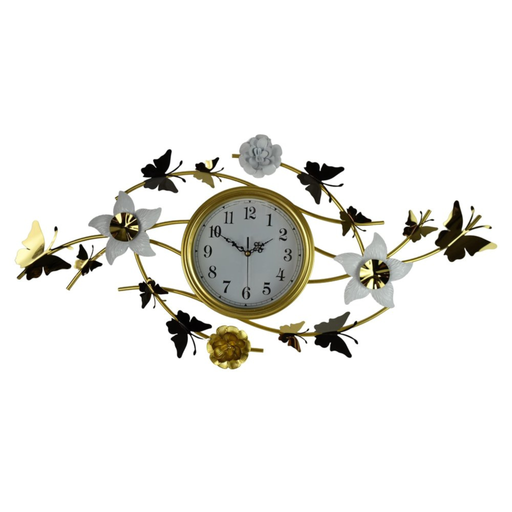 Decorative wall clock with floral and butterfly designs on a white background