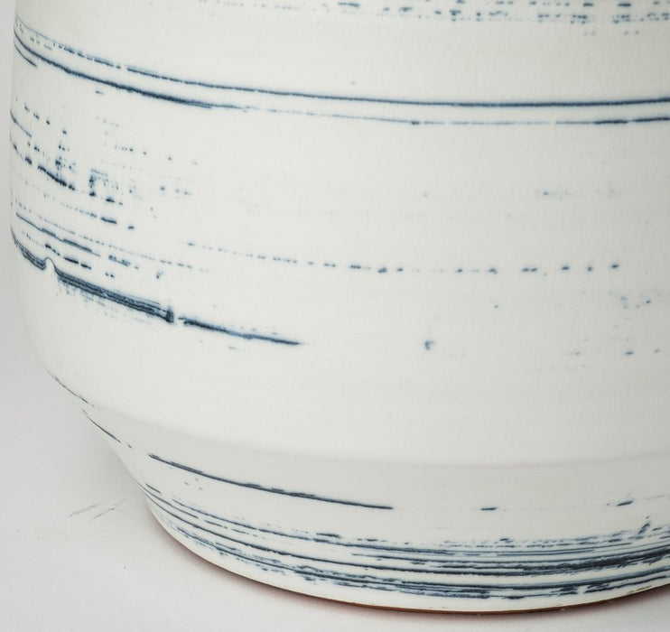 10" Blue Sand And White Abstract Cylinder Ceramic Table Vase