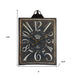 Decorative wall clock with Roman numeral design and measurements on a white background
