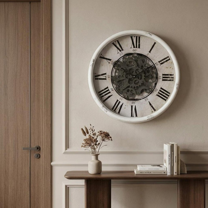 19.70" Vintage Gear Wall Clock with Distressed White Iron Frame — Roman Numeral