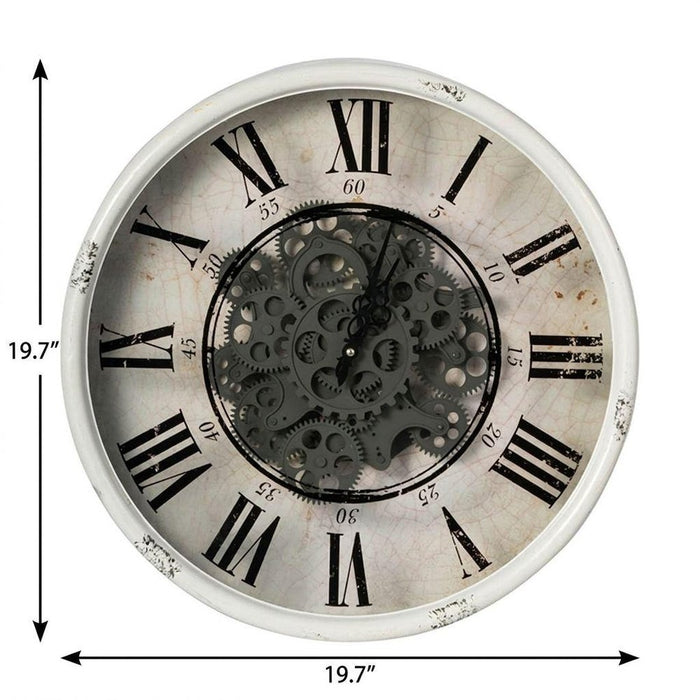 19.70" Vintage Gear Wall Clock with Distressed White Iron Frame — Roman Numeral