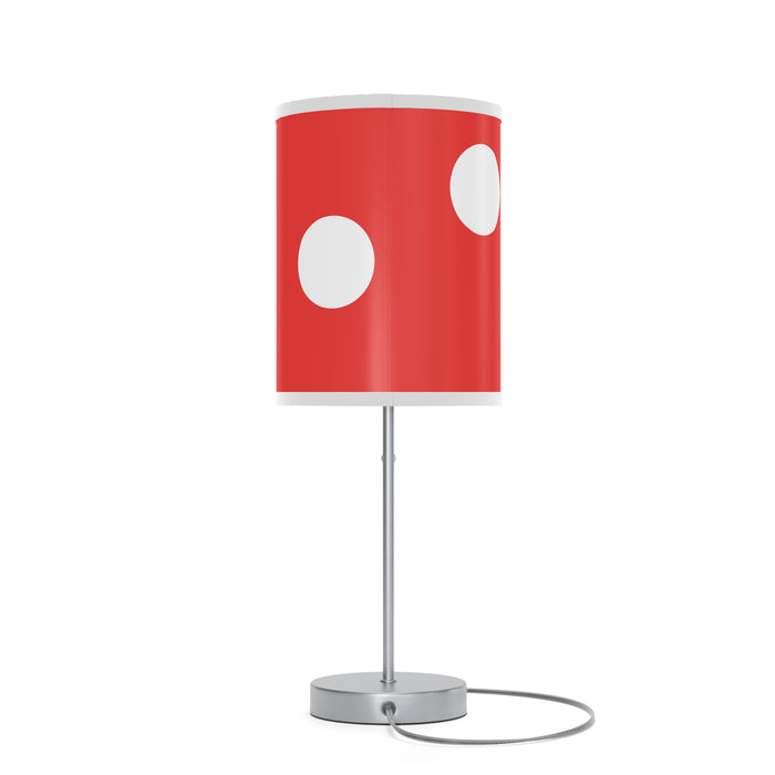 A Decorative Mushroom Table Lamp with a red shade, white polka dots, and silver base on a white background.