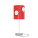 A Decorative Mushroom Table Lamp with a red shade, white polka dots, and silver base on a white background.