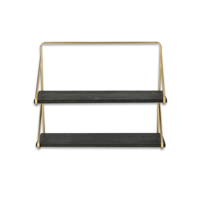 21" Dark Gray And Gold Metal And Wood Wall Mounted Tiered Shelf